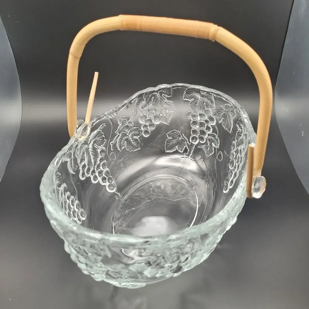 Vintage Aderia Clear Glass Basket With Fruit Grapes Wooden Handle Made In Japan